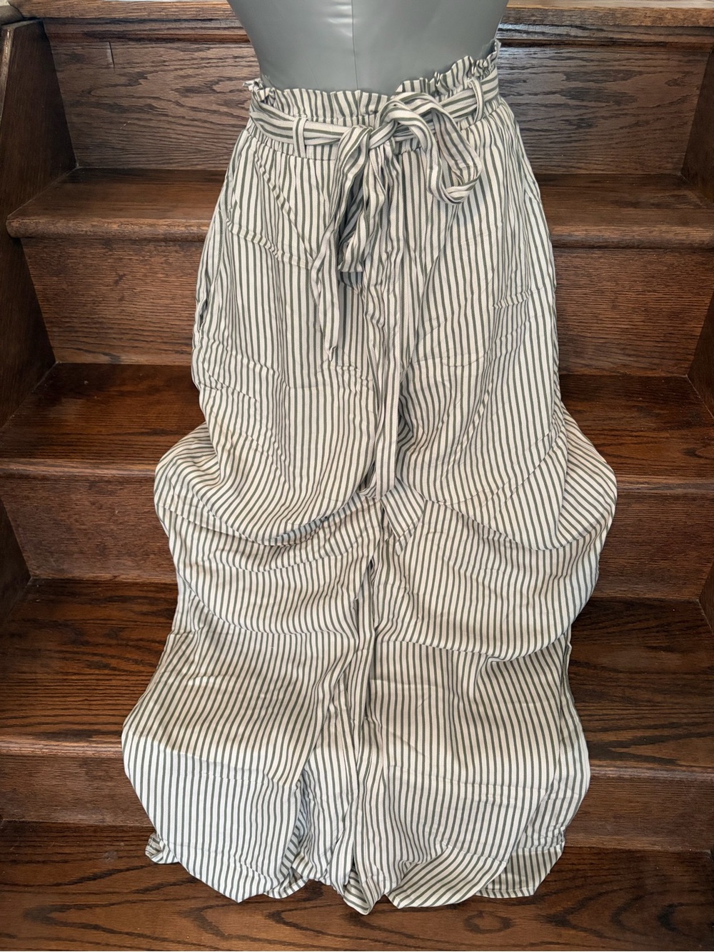 Striped Wide-Leg Paperbag Pants - Green/White